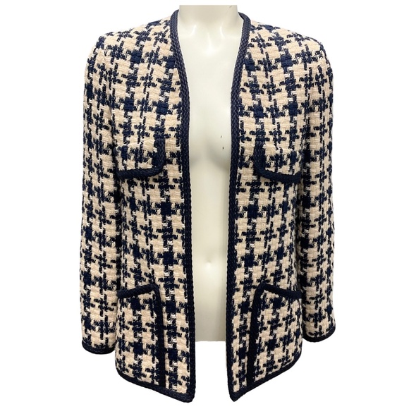 GUCCI IVORY / NAVY 2018 HOUNDSTOOTH TWEED OPEN JACKET - Picture 1 of 6